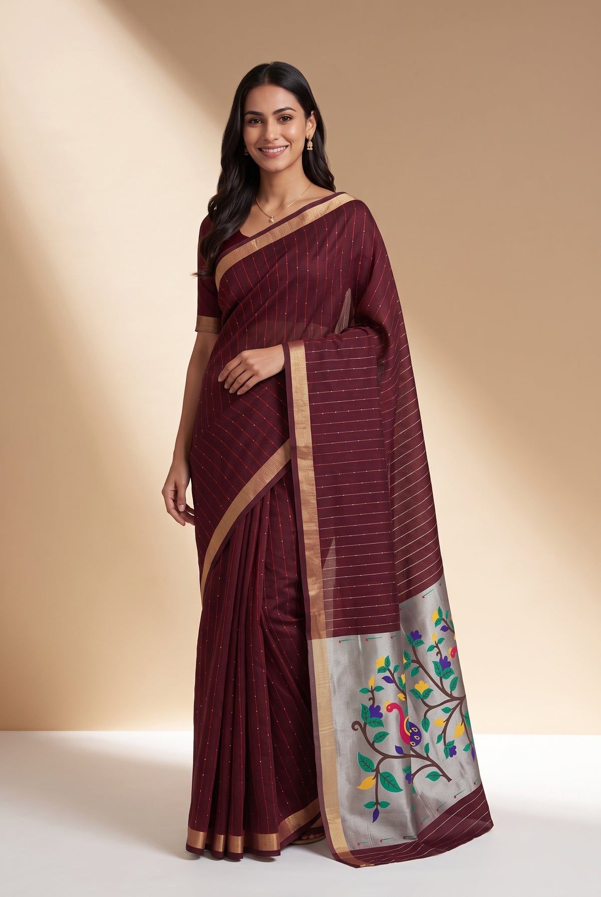 Burgundy Red Jamdhani Cotton Paithani Saree with Arunavarṇa Mayura Pallu and Sequins work