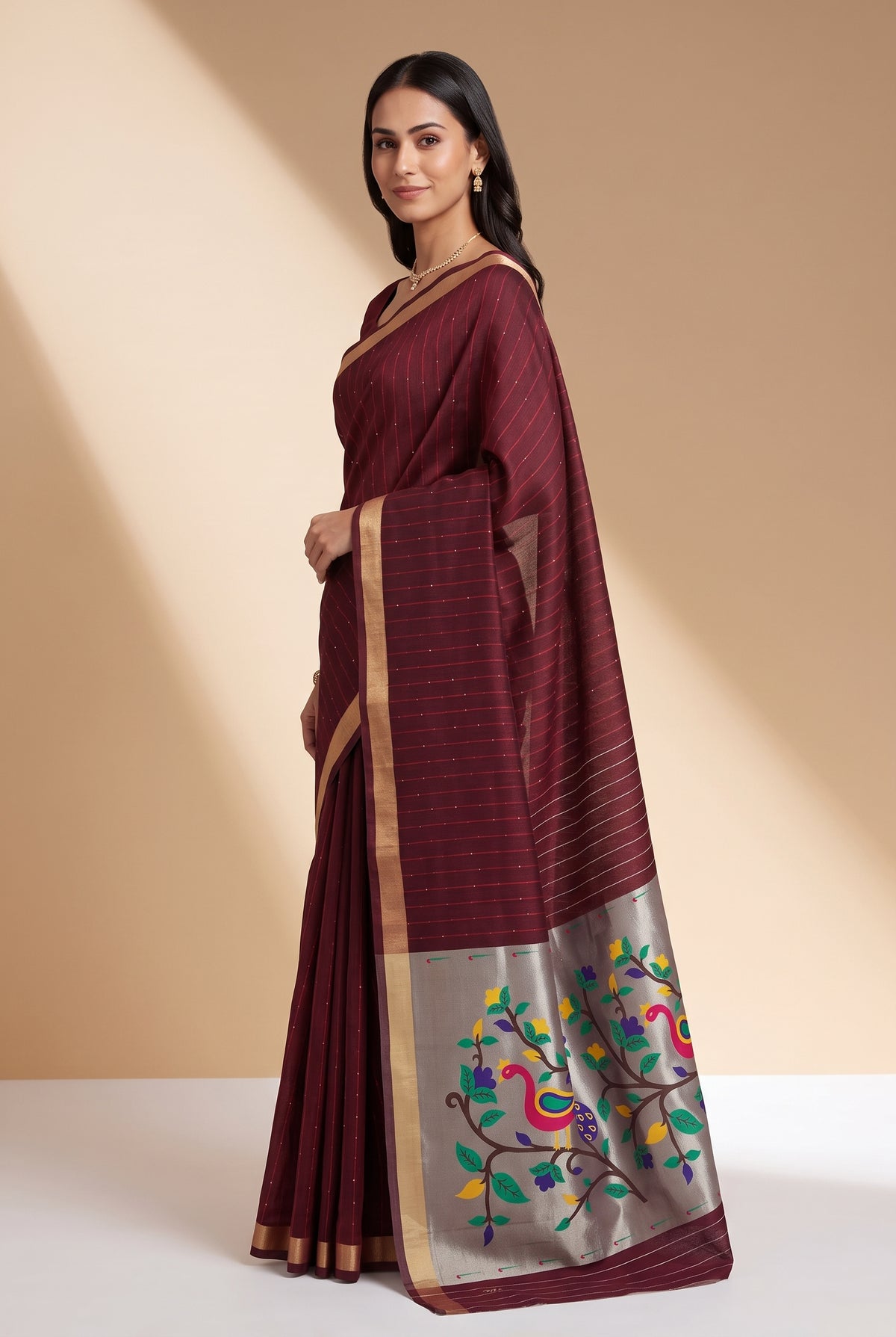 Burgundy Red Jamdhani Cotton Paithani Saree with Arunavarṇa Mayura Pallu and Sequins work