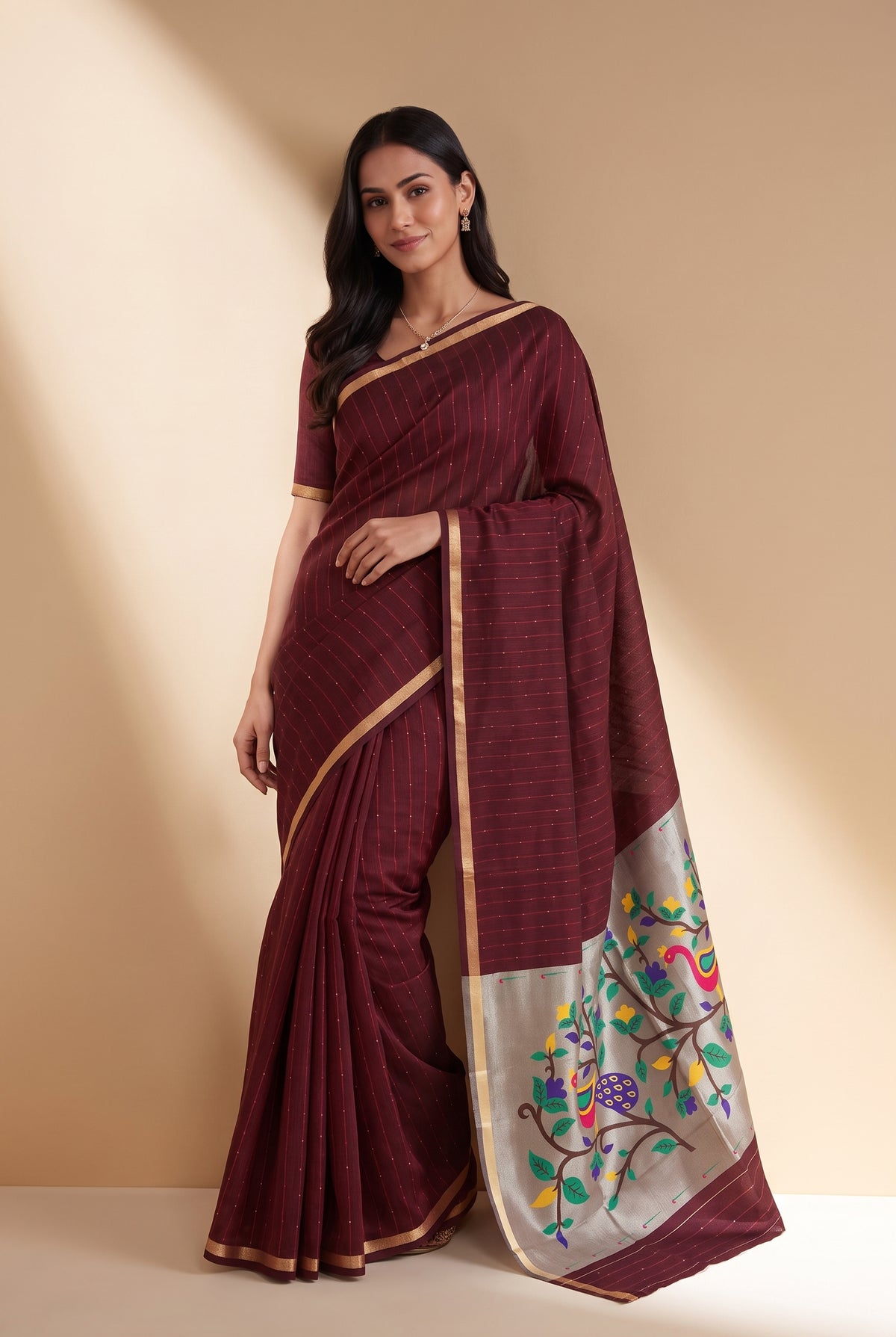 Burgundy Red Jamdhani Cotton Paithani Saree with Arunavarṇa Mayura Pallu and Sequins work