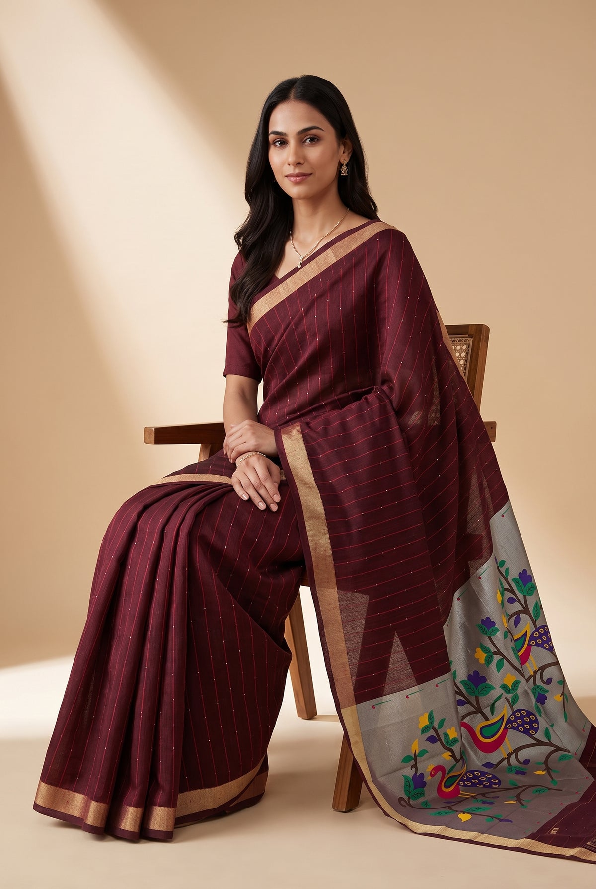 Burgundy Red Jamdhani Cotton Paithani Saree with Arunavarṇa Mayura Pallu and Sequins work