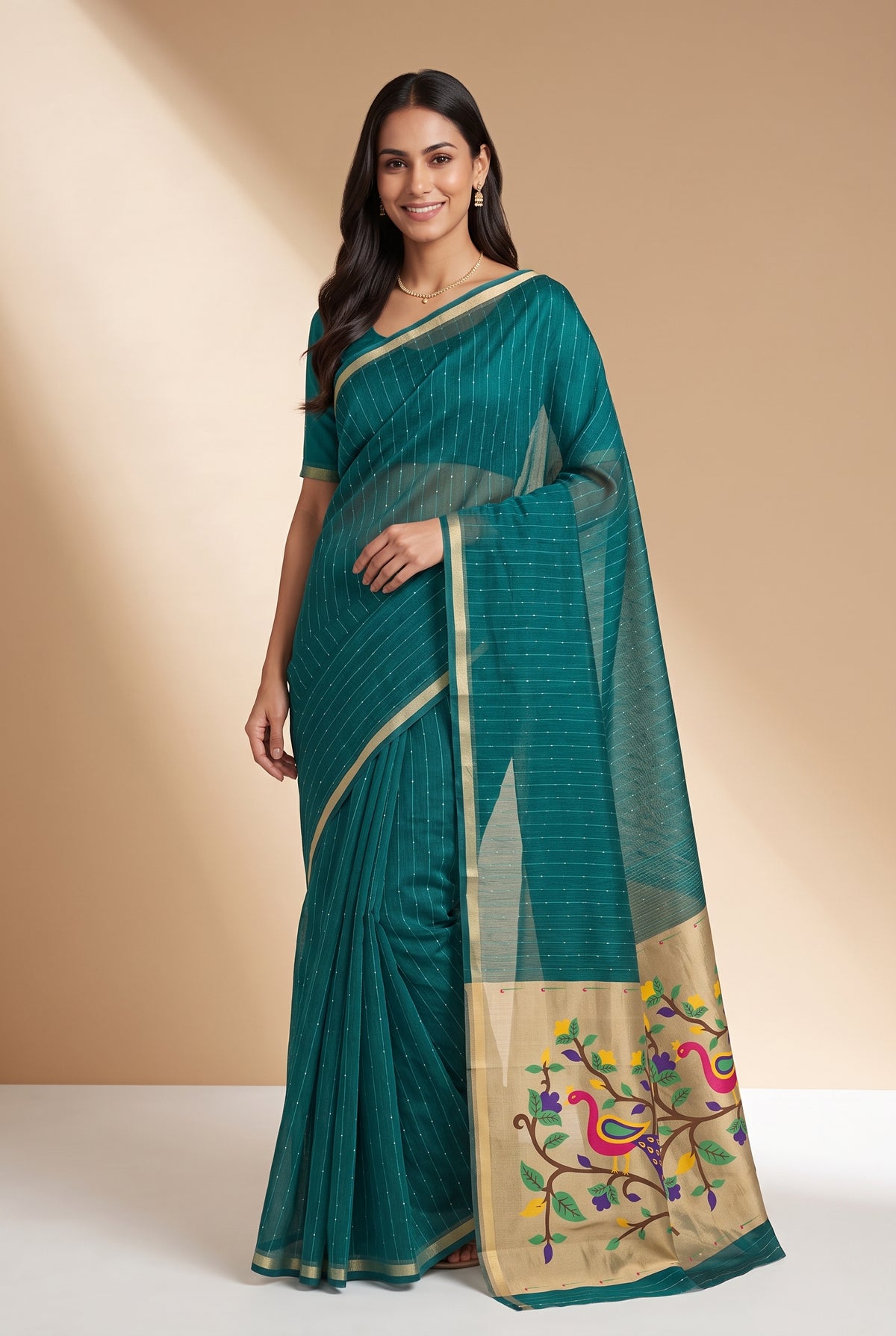 Teal Green Jamdhani Cotton Paithani Saree with Arunavarṇa Mayura Pallu and Sequins work
