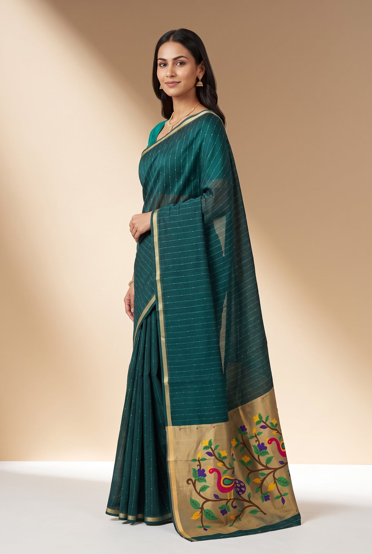 Teal Green Jamdhani Cotton Paithani Saree with Arunavarṇa Mayura Pallu and Sequins work