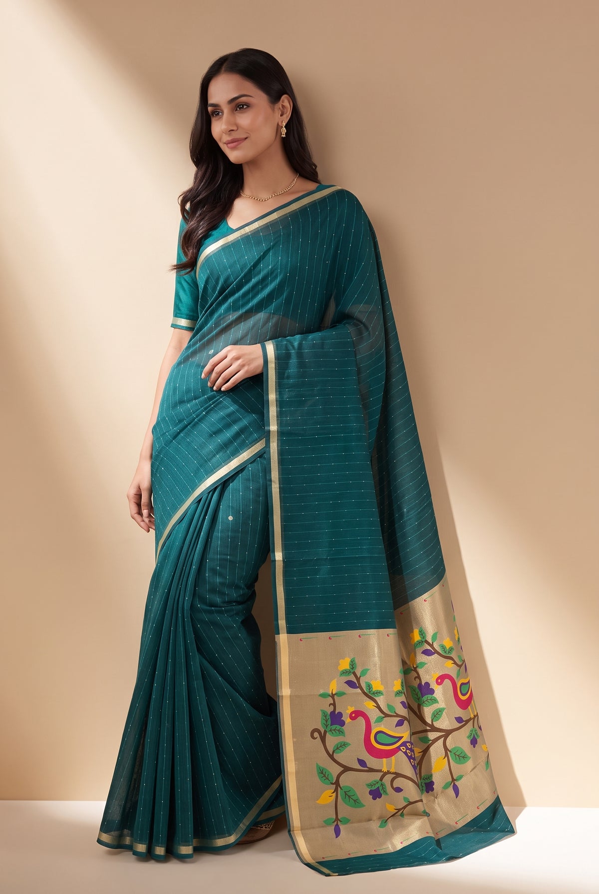 Teal Green Jamdhani Cotton Paithani Saree with Arunavarṇa Mayura Pallu and Sequins work
