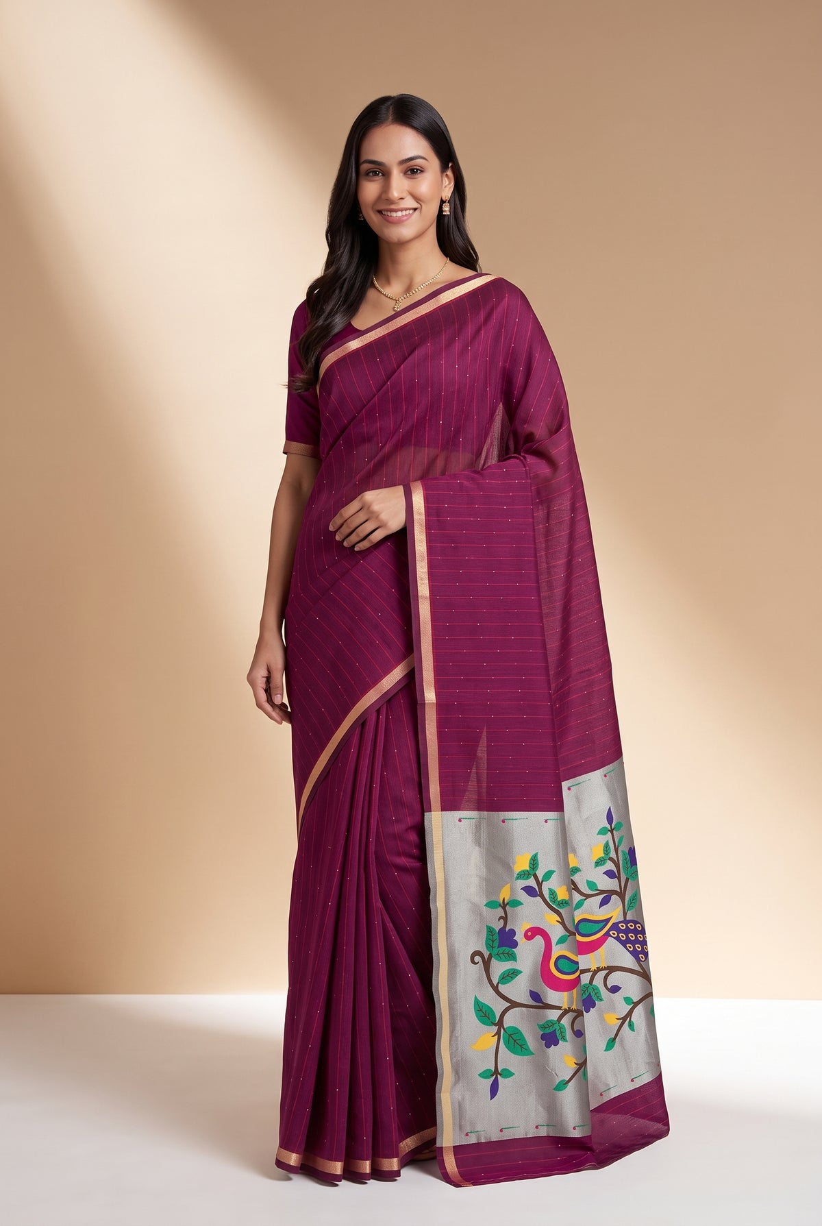 Rose Pink Jamdhani Cotton Paithani Saree with Arunavarṇa Mayura Pallu and Sequins work