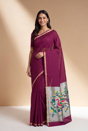 Rose Pink Jamdhani Cotton Paithani Saree with Arunavarṇa Mayura Pallu and Sequins work