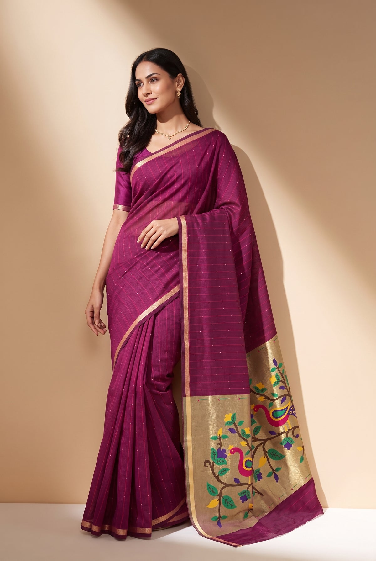 Rose Pink Jamdhani Cotton Paithani Saree with Arunavarṇa Mayura Pallu and Sequins work
