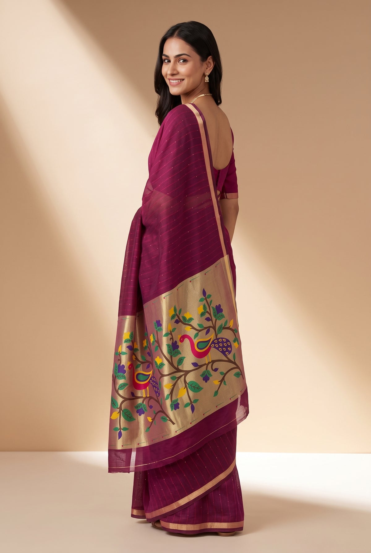 Rose Pink Jamdhani Cotton Paithani Saree with Arunavarṇa Mayura Pallu and Sequins work