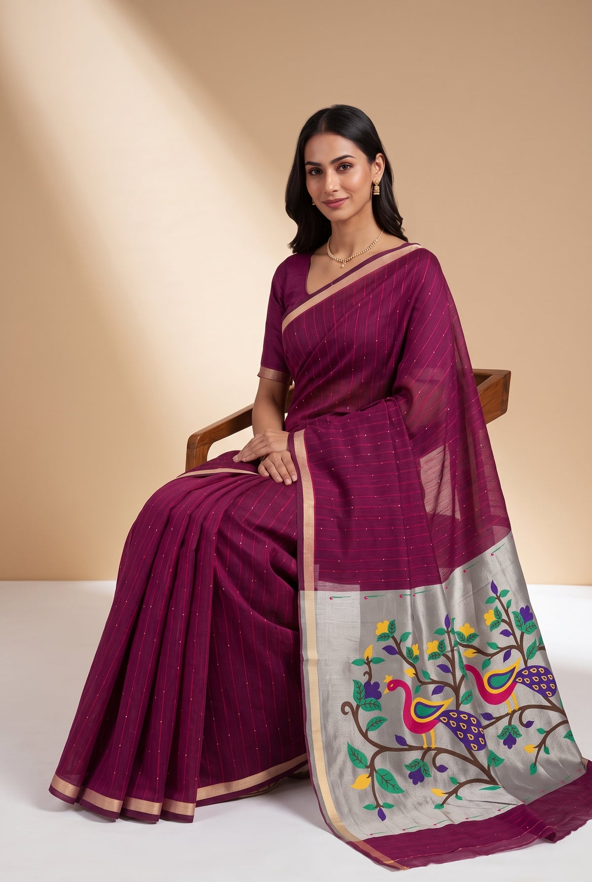 Rose Pink Jamdhani Cotton Paithani Saree with Arunavarṇa Mayura Pallu and Sequins work