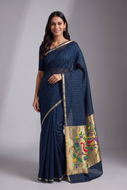 Sapphire Blue Jamdhani Cotton Paithani Saree with Arunavarṇa Mayura Pallu and Sequins work