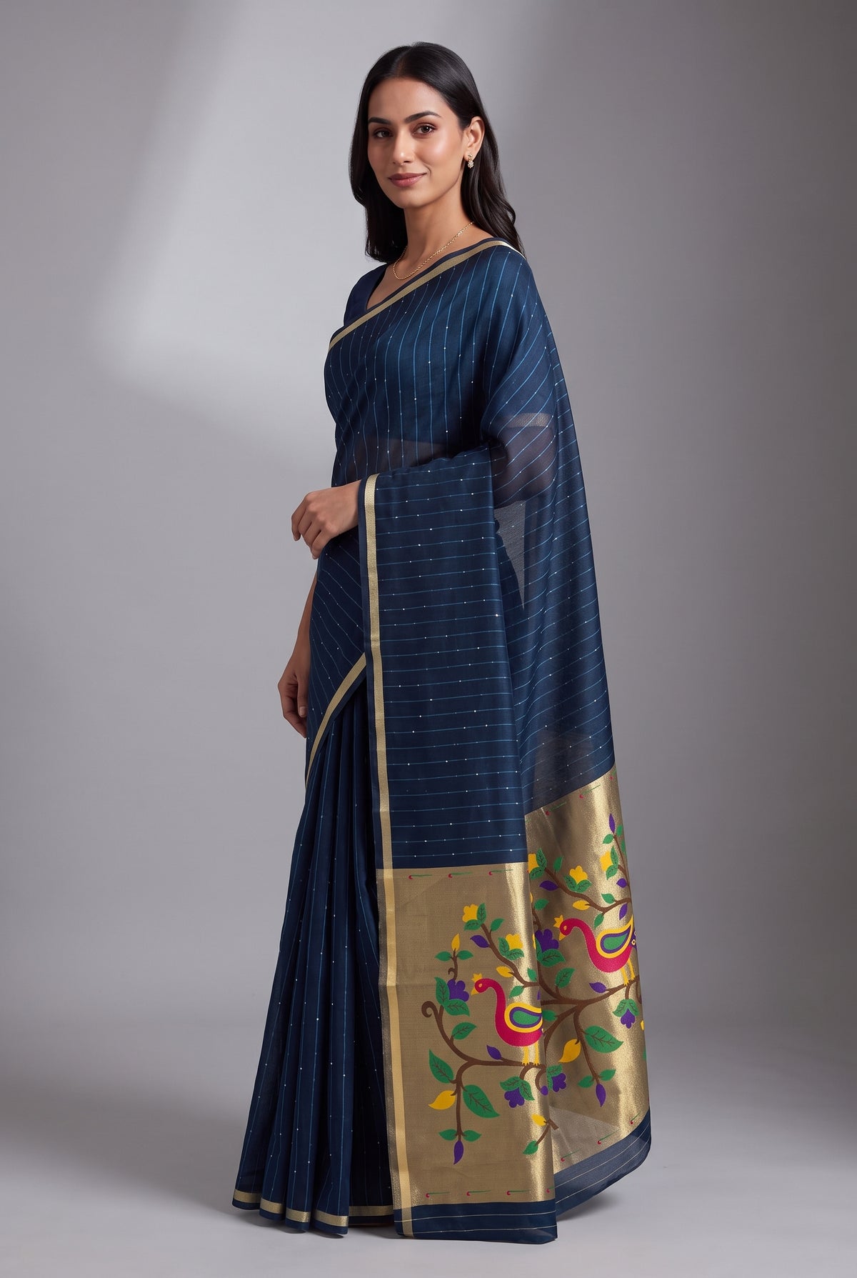 Sapphire Blue Jamdhani Cotton Paithani Saree with Arunavarṇa Mayura Pallu and Sequins work