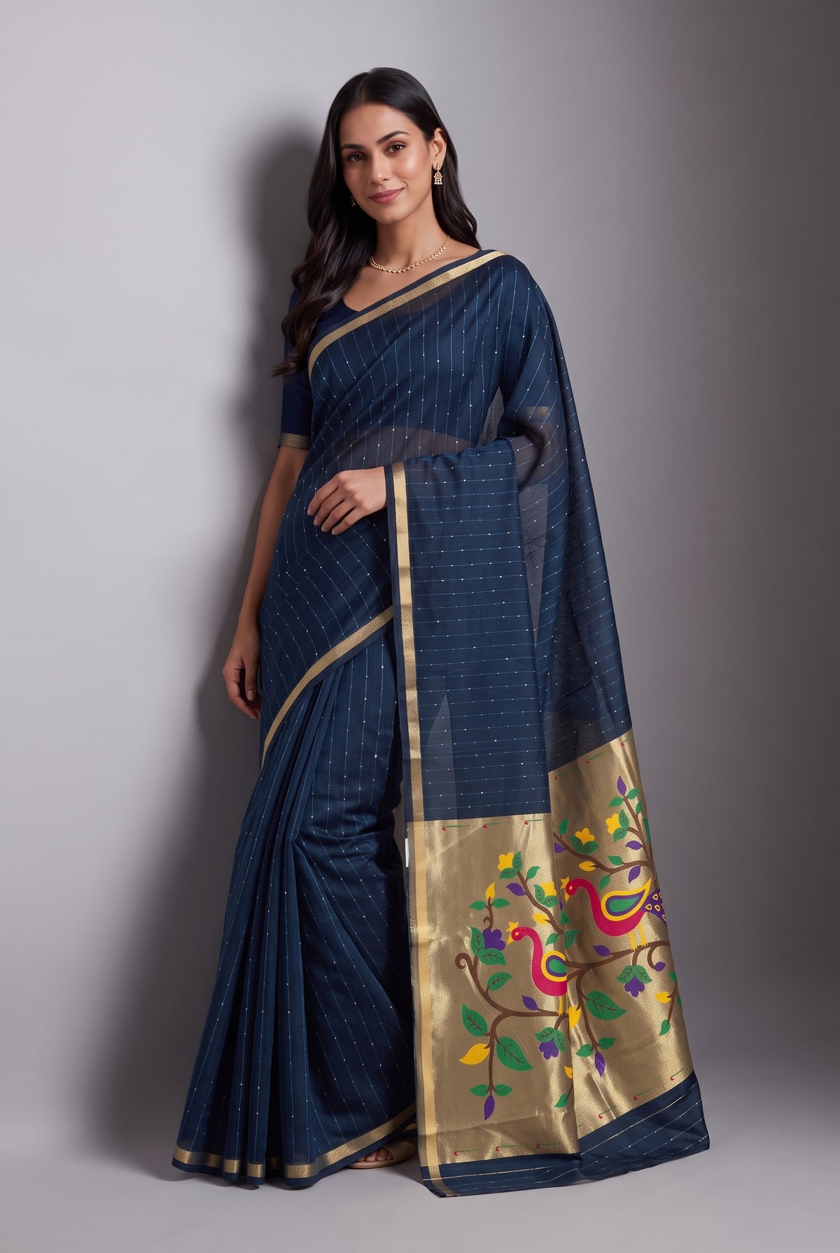 Sapphire Blue Jamdhani Cotton Paithani Saree with Arunavarṇa Mayura Pallu and Sequins work