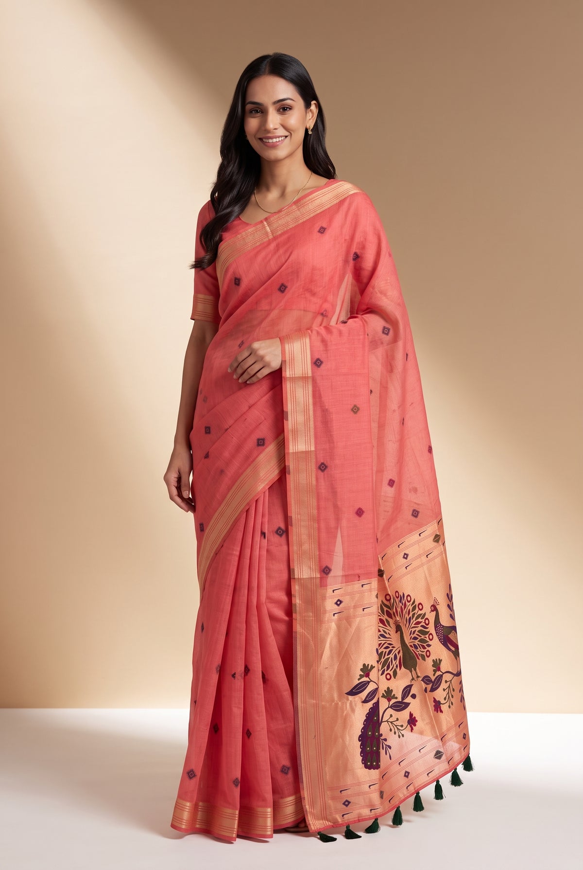 Strawberry Pink Jamdhani Cotton Paithani Saree with Resham threadwork butti and Trimayūravana Pallu