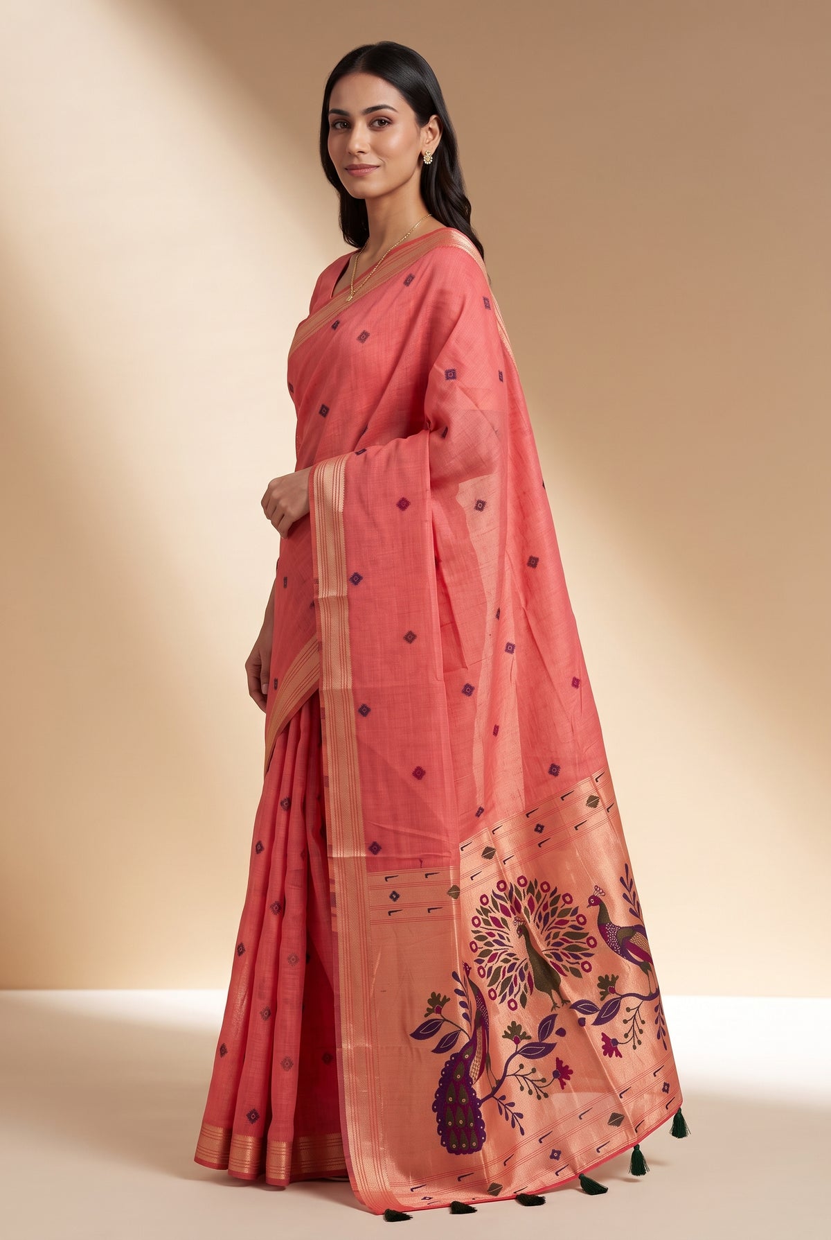 Strawberry Pink Jamdhani Cotton Paithani Saree with Resham threadwork butti and Trimayūravana Pallu
