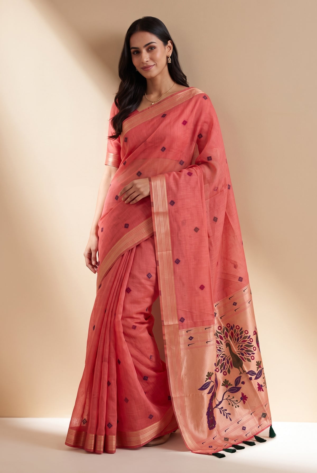 Strawberry Pink Jamdhani Cotton Paithani Saree with Resham threadwork butti and Trimayūravana Pallu