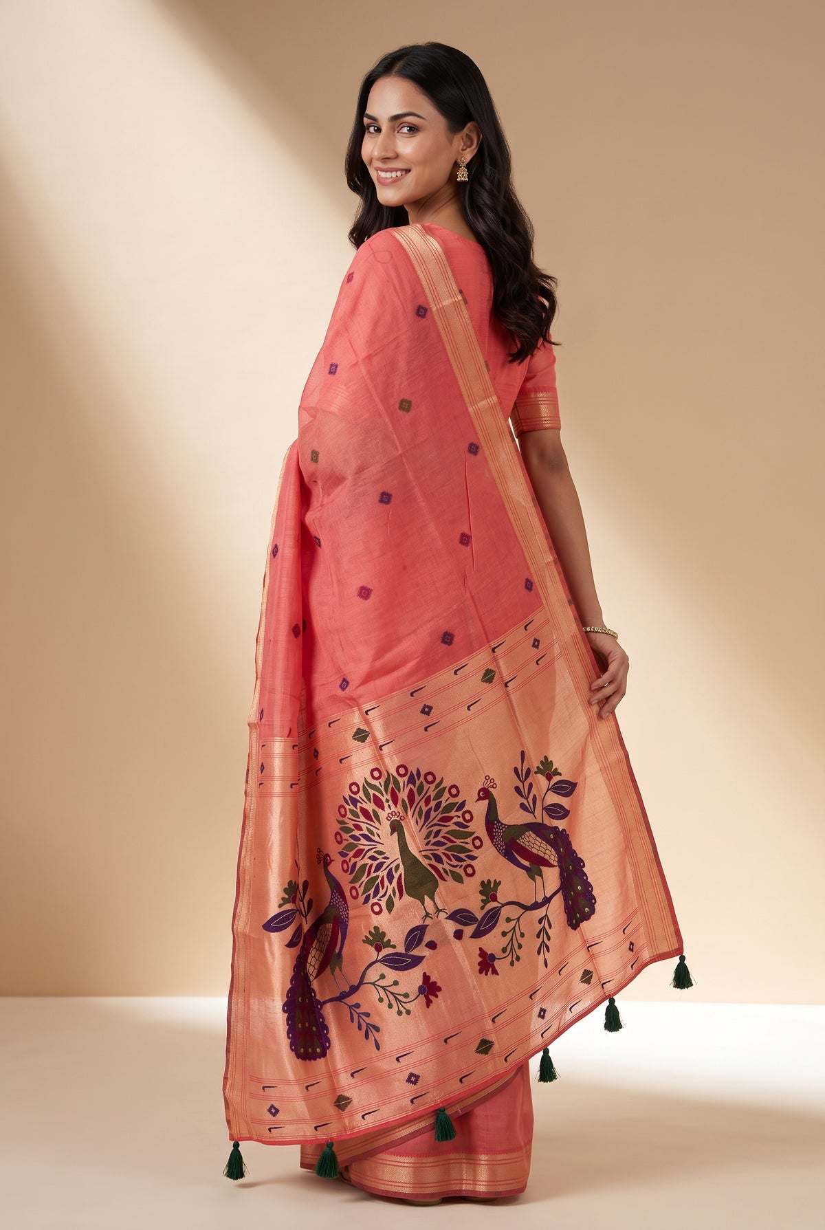 Strawberry Pink Jamdhani Cotton Paithani Saree with Resham threadwork butti and Trimayūravana Pallu