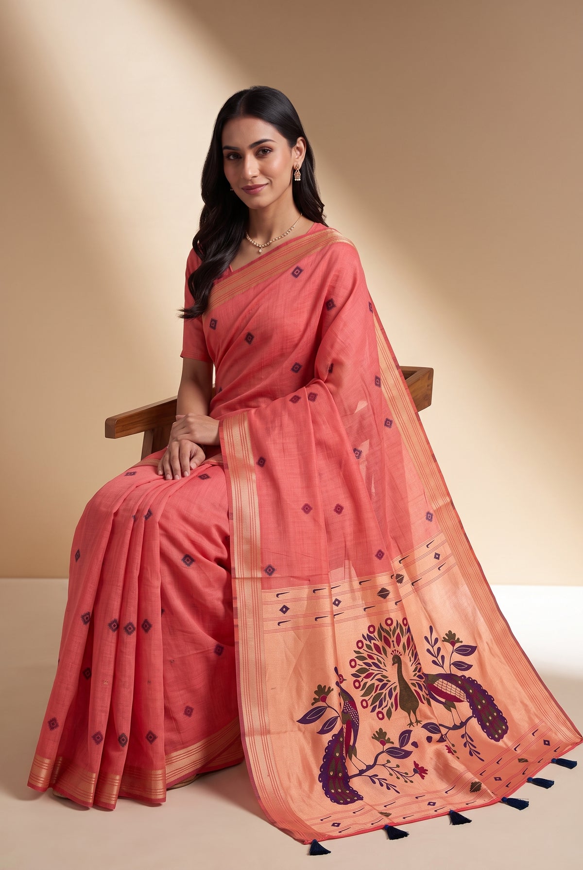 Strawberry Pink Jamdhani Cotton Paithani Saree with Resham threadwork butti and Trimayūravana Pallu