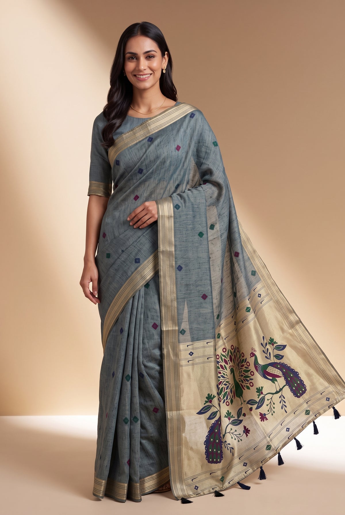 Cloudy Blue Jamdhani Cotton Paithani Saree with Resham threadwork butti and Trimayūravana Pallu