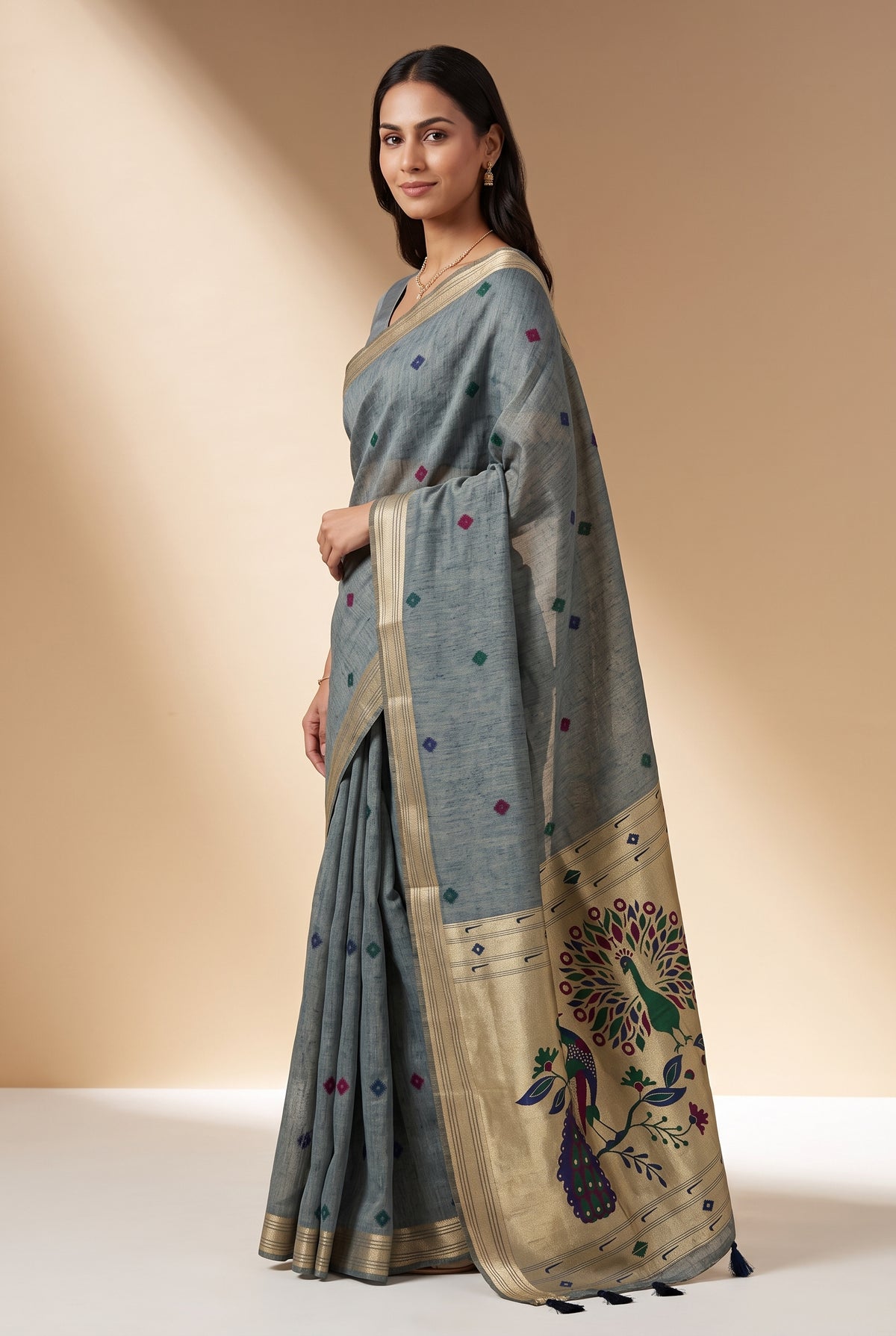 Cloudy Blue Jamdhani Cotton Paithani Saree with Resham threadwork butti and Trimayūravana Pallu