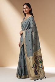 Cloudy Blue Jamdhani Cotton Paithani Saree with Resham threadwork butti and Trimayūravana Pallu