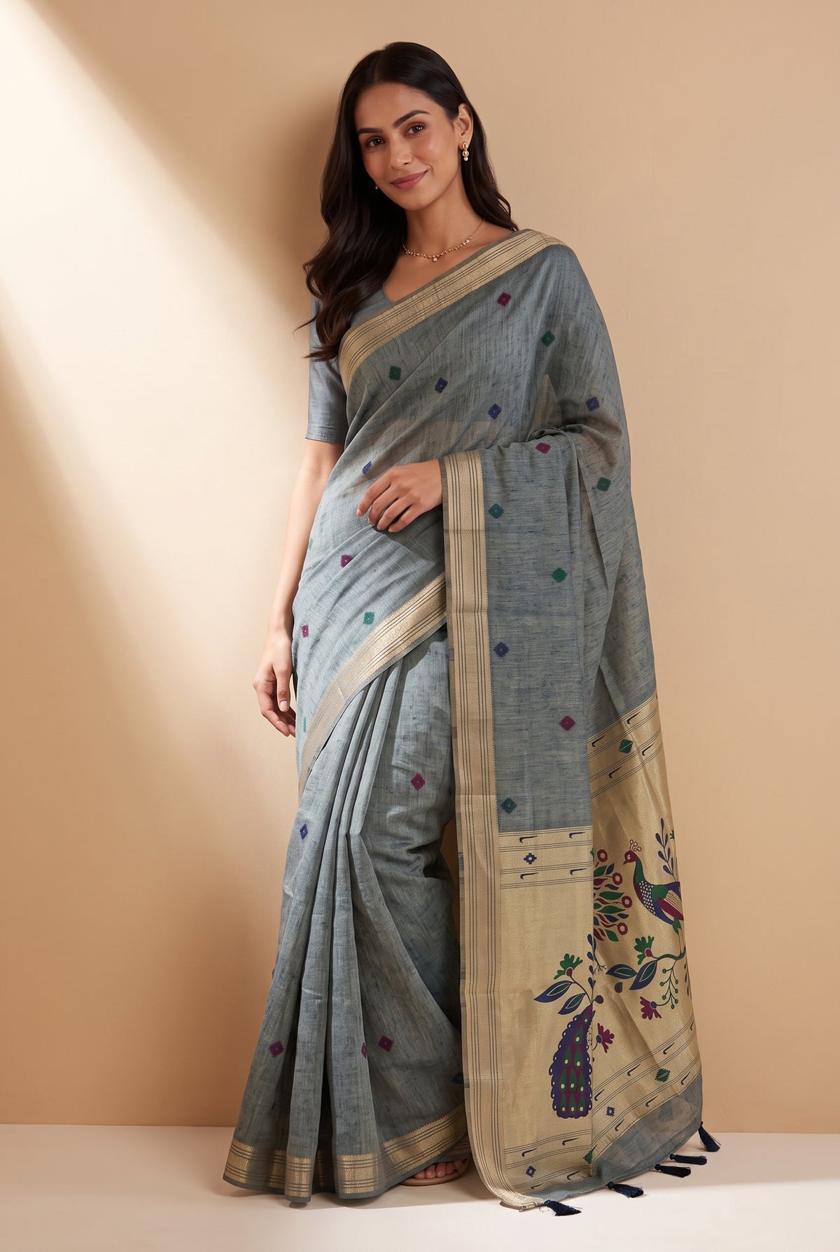 Cloudy Blue Jamdhani Cotton Paithani Saree with Resham threadwork butti and Trimayūravana Pallu