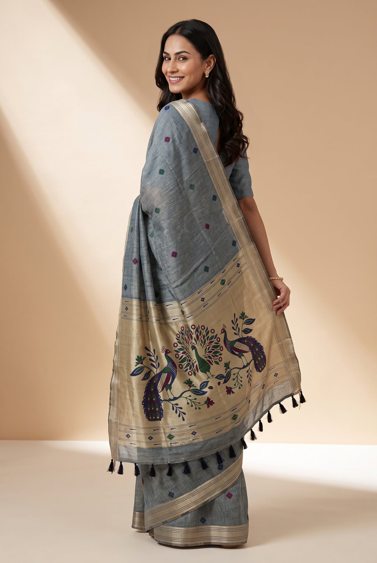 Cloudy Blue Jamdhani Cotton Paithani Saree with Resham threadwork butti and Trimayūravana Pallu