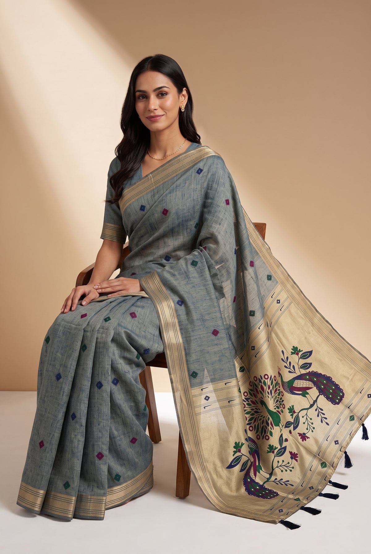 Cloudy Blue Jamdhani Cotton Paithani Saree with Resham threadwork butti and Trimayūravana Pallu