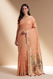 Coral Orange Jamdhani Cotton Paithani Saree with Resham threadwork butti and Trimayūravana Pallu