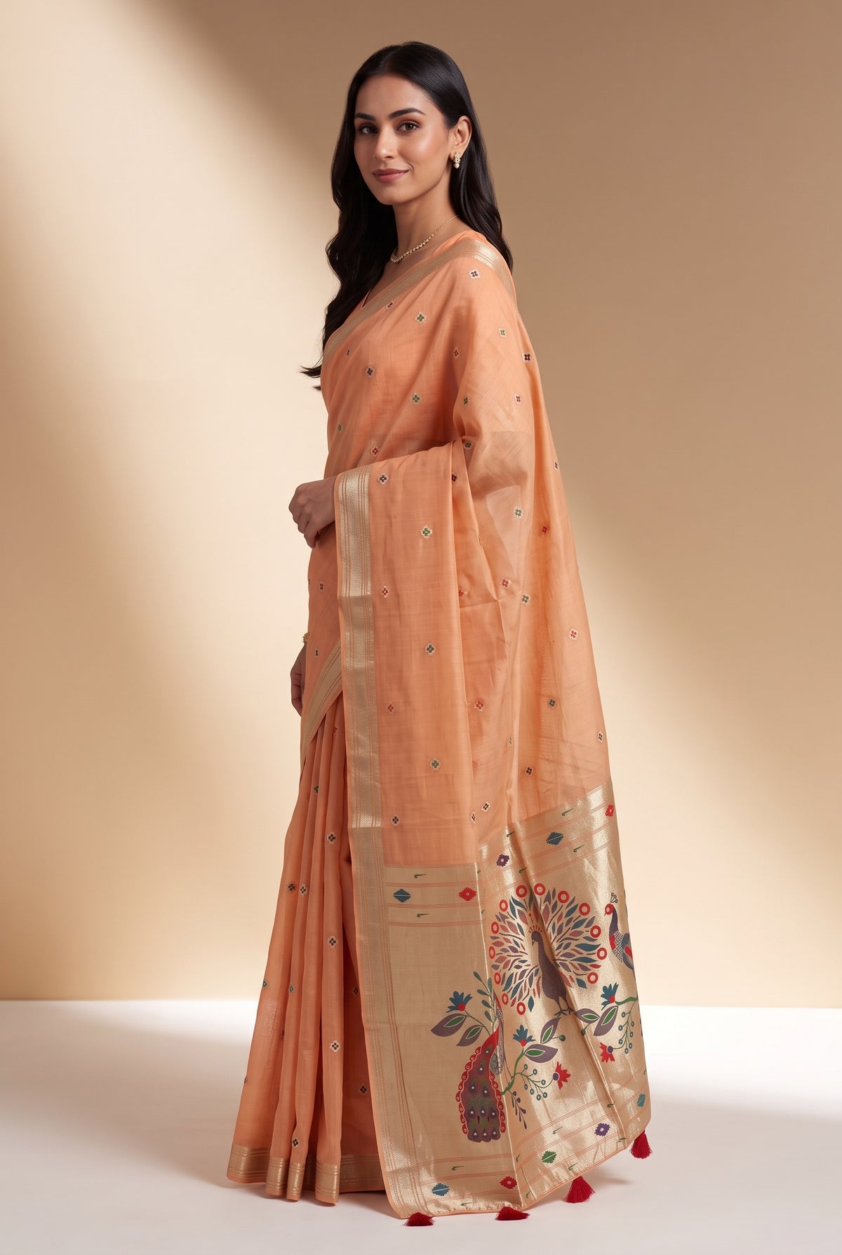 Coral Orange Jamdhani Cotton Paithani Saree with Resham threadwork butti and Trimayūravana Pallu