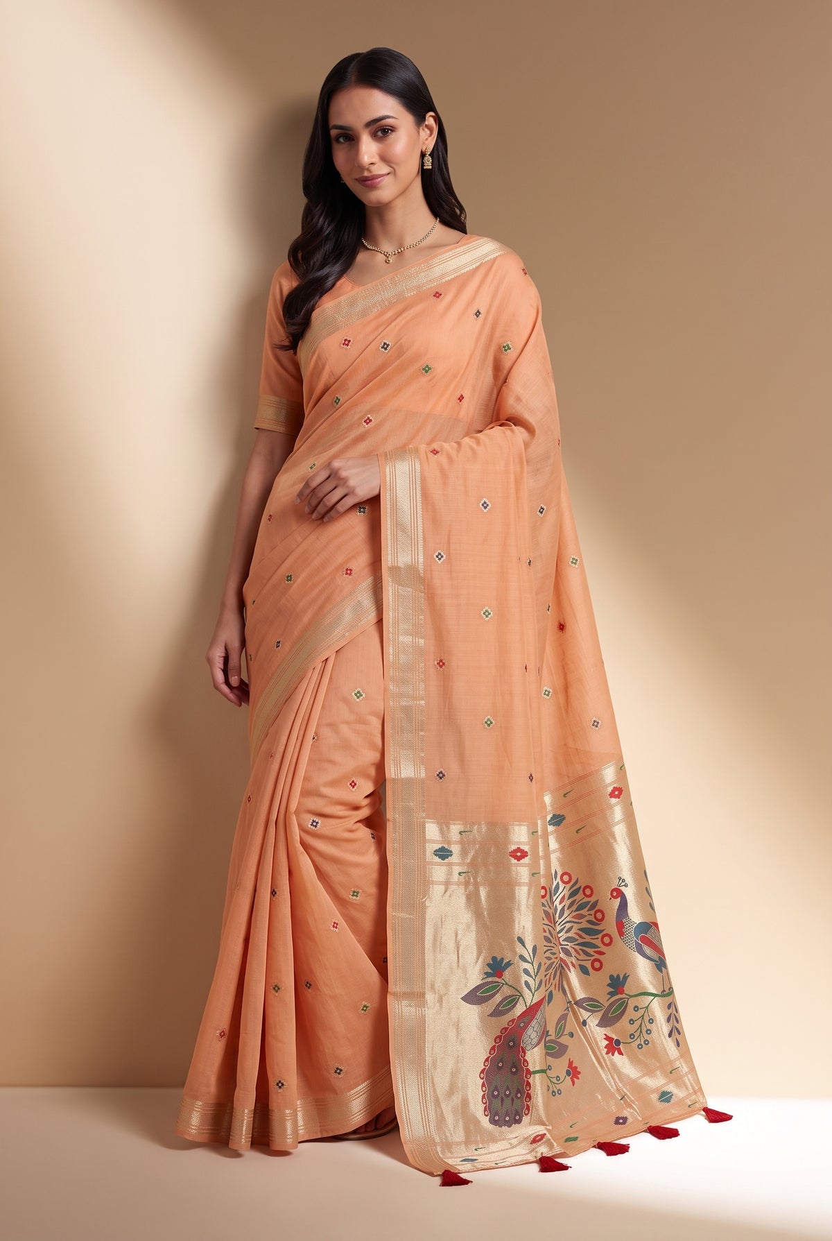Coral Orange Jamdhani Cotton Paithani Saree with Resham threadwork butti and Trimayūravana Pallu