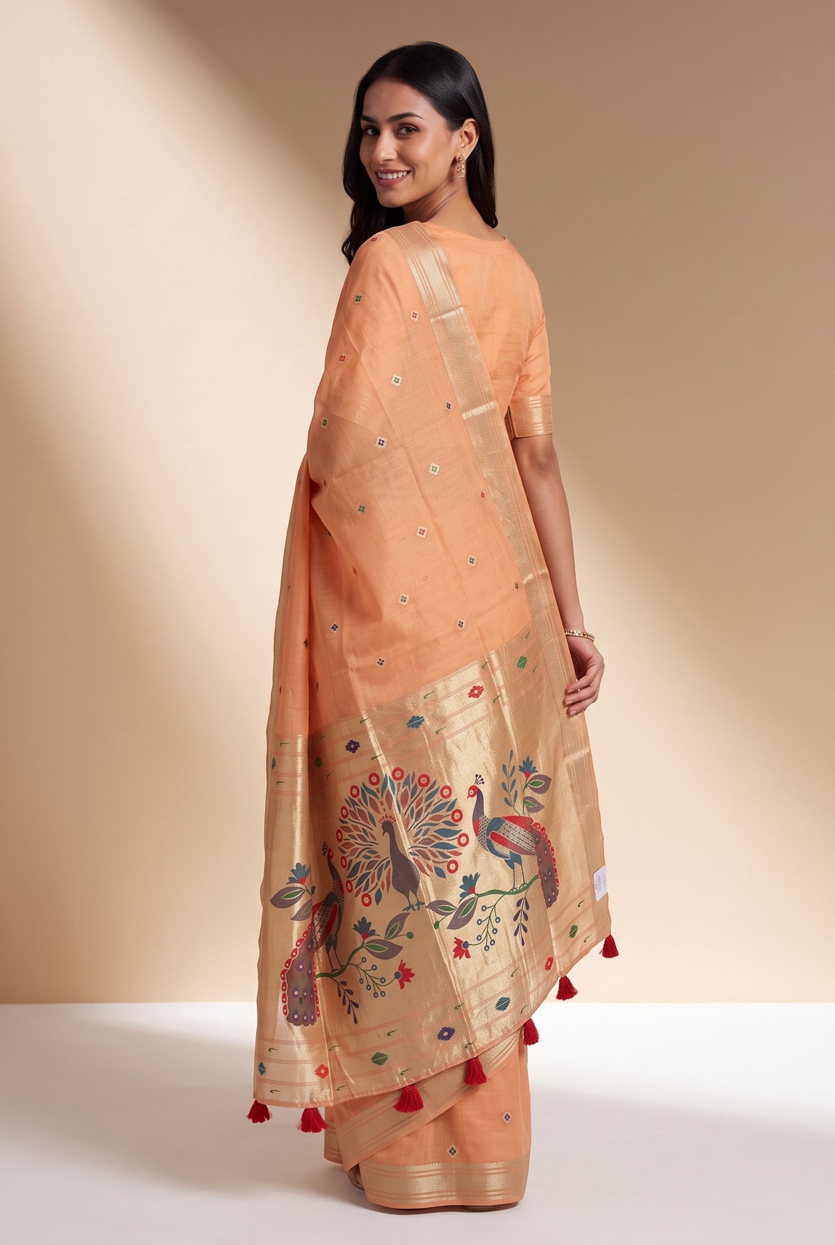 Coral Orange Jamdhani Cotton Paithani Saree with Resham threadwork butti and Trimayūravana Pallu