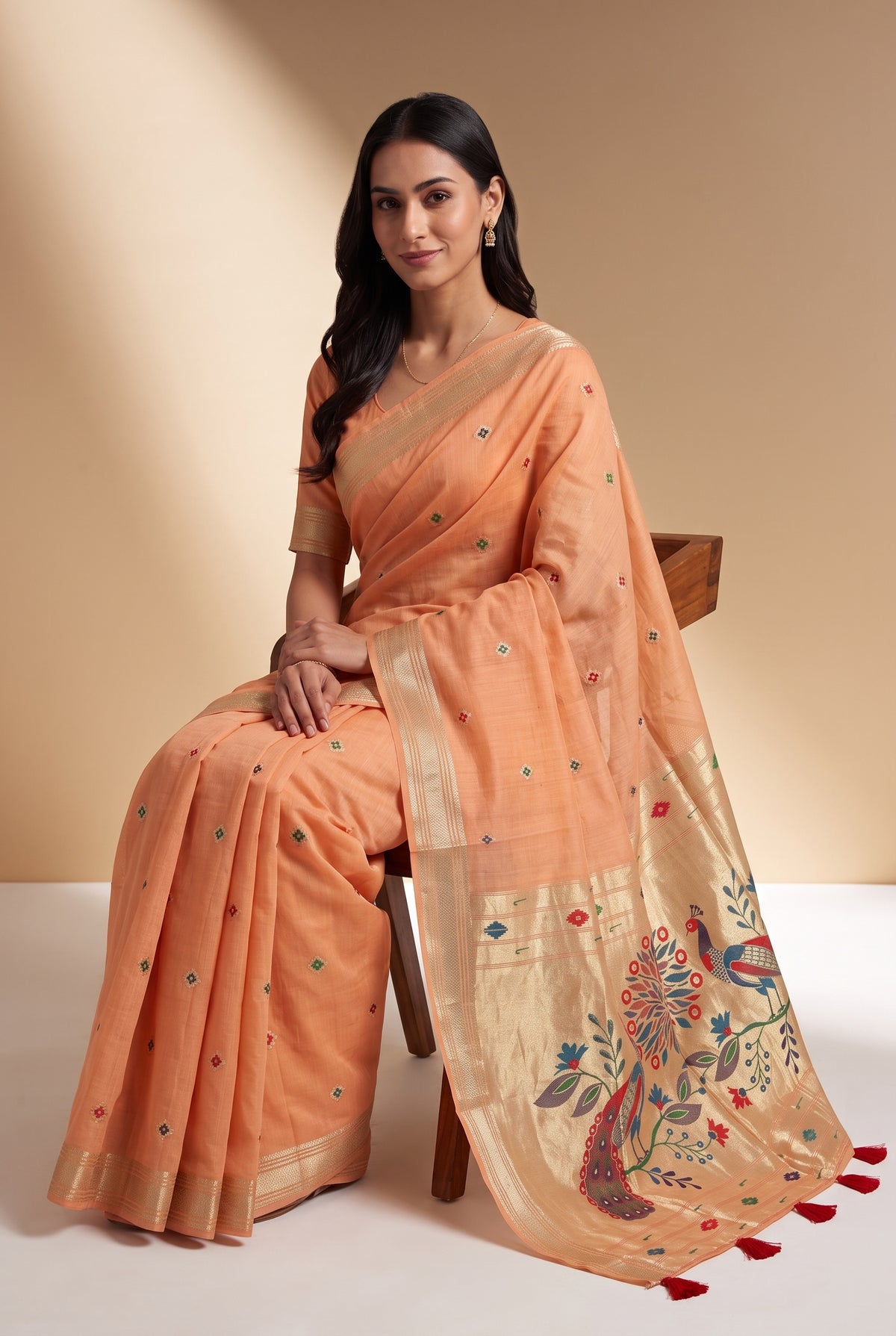 Coral Orange Jamdhani Cotton Paithani Saree with Resham threadwork butti and Trimayūravana Pallu