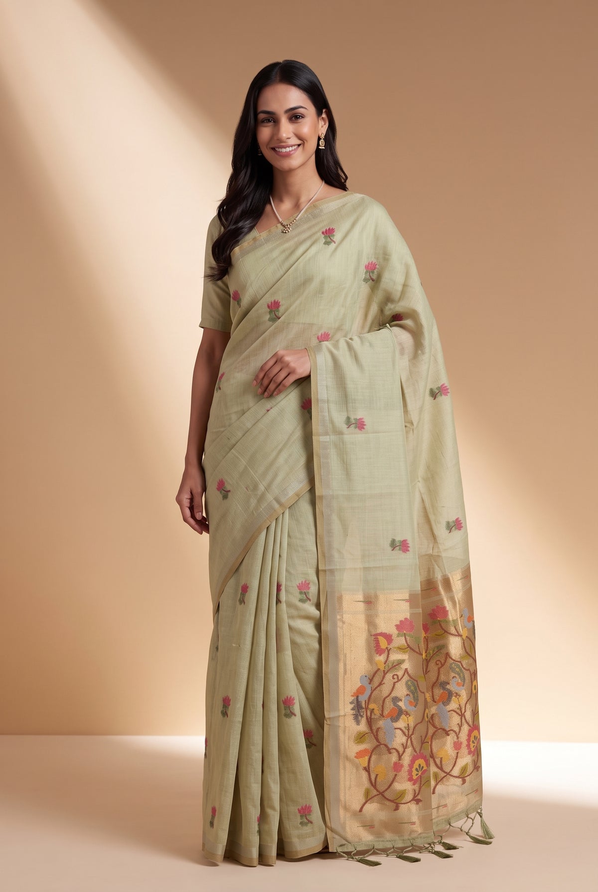 Pastel Green Jamdhani Cotton Paithani Saree with Resham Lotus butti and Nīlapakṣīpallu Pallu