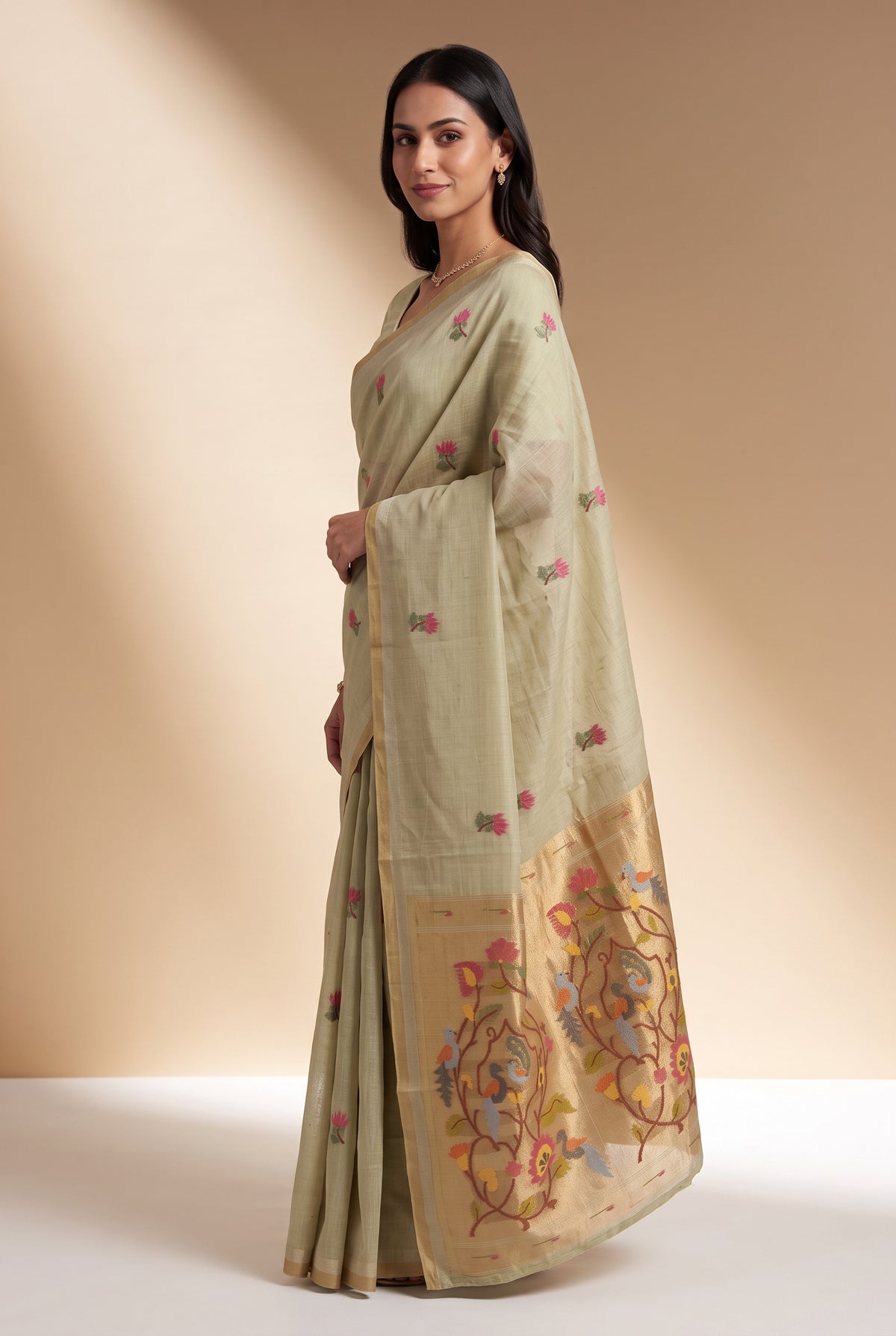 Pastel Green Jamdhani Cotton Paithani Saree with Resham Lotus butti and Nīlapakṣīpallu Pallu