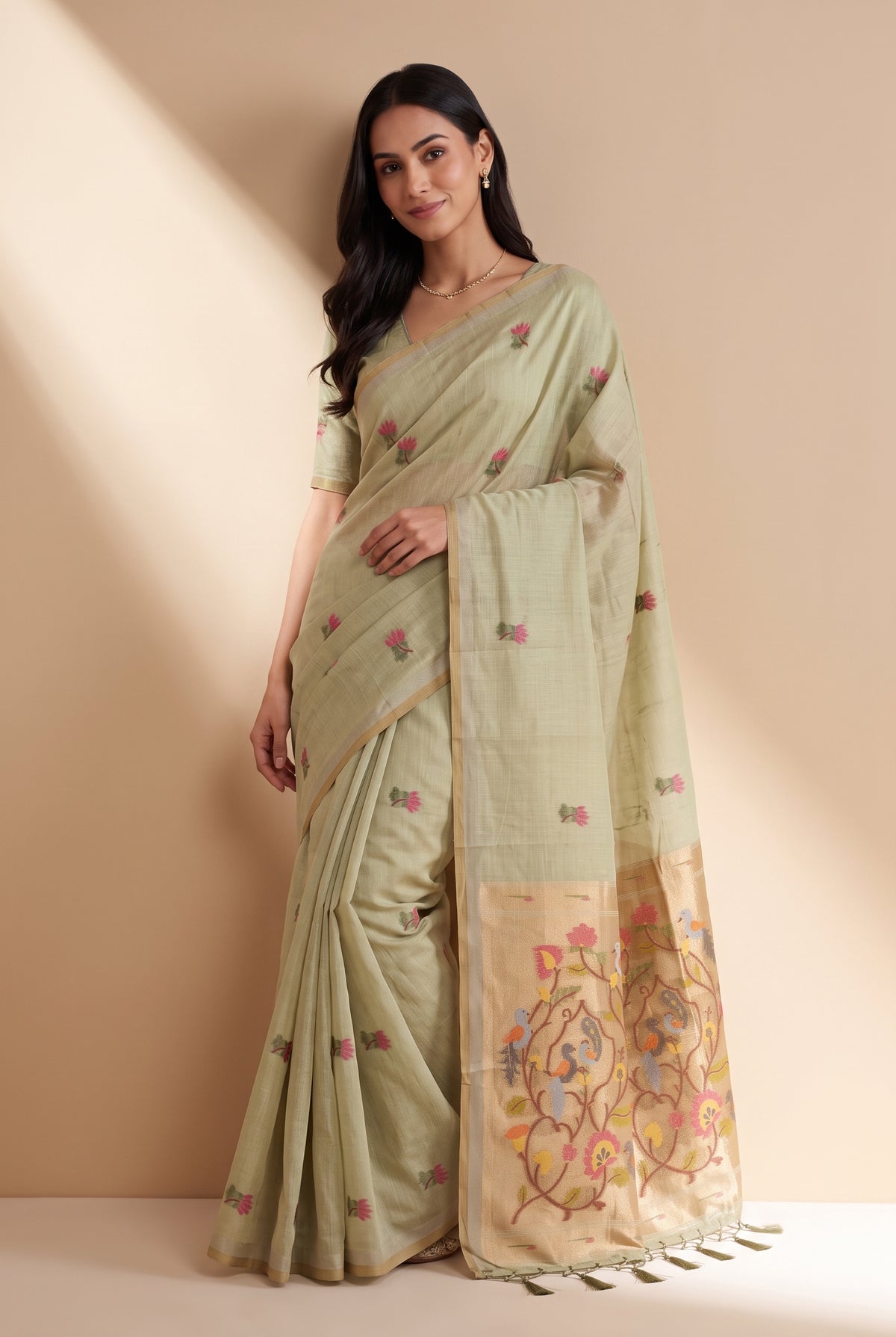 Pastel Green Jamdhani Cotton Paithani Saree with Resham Lotus butti and Nīlapakṣīpallu Pallu