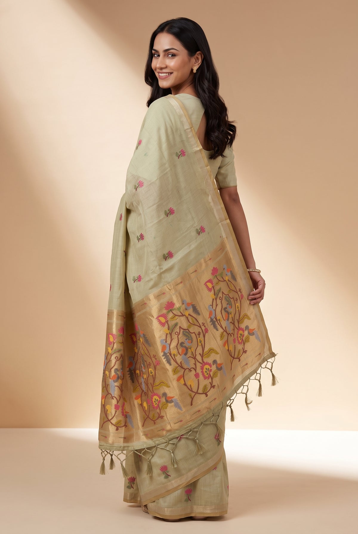 Pastel Green Jamdhani Cotton Paithani Saree with Resham Lotus butti and Nīlapakṣīpallu Pallu