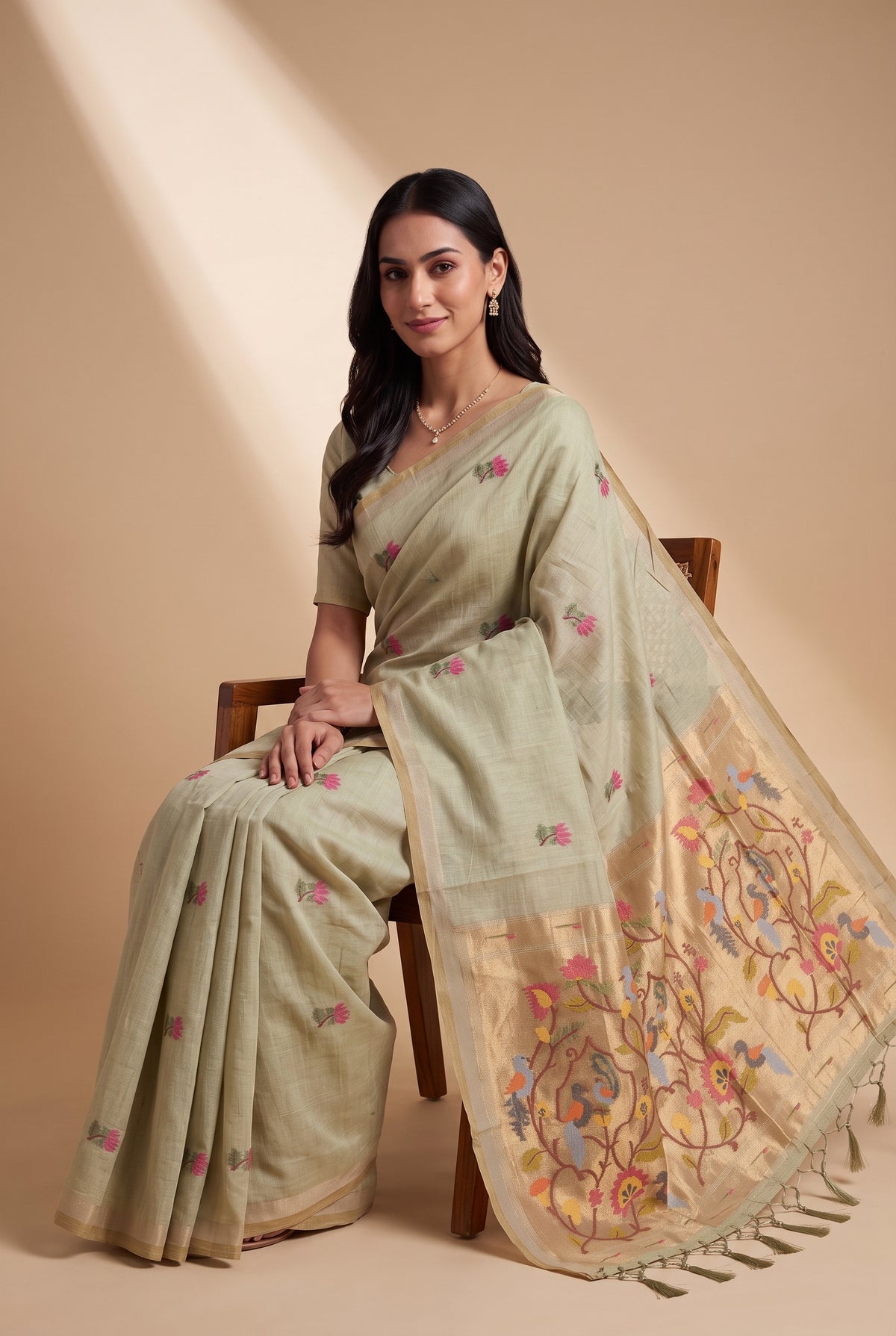 Pastel Green Jamdhani Cotton Paithani Saree with Resham Lotus butti and Nīlapakṣīpallu Pallu