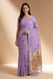 Lavender Jamdhani Cotton Paithani Saree with Resham Lotus butti and Nīlapakṣīpallu Pallu