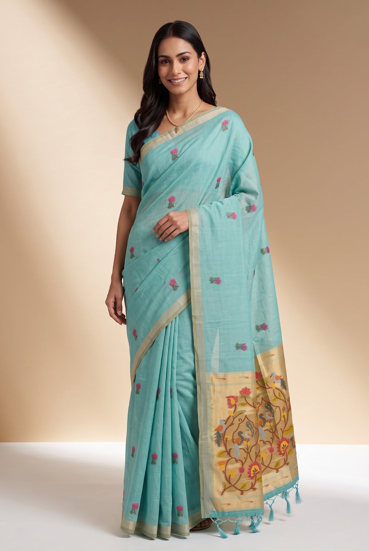 Sea Green Jamdhani Cotton Paithani Saree with Resham Lotus butti and Nīlapakṣīpallu Pallu