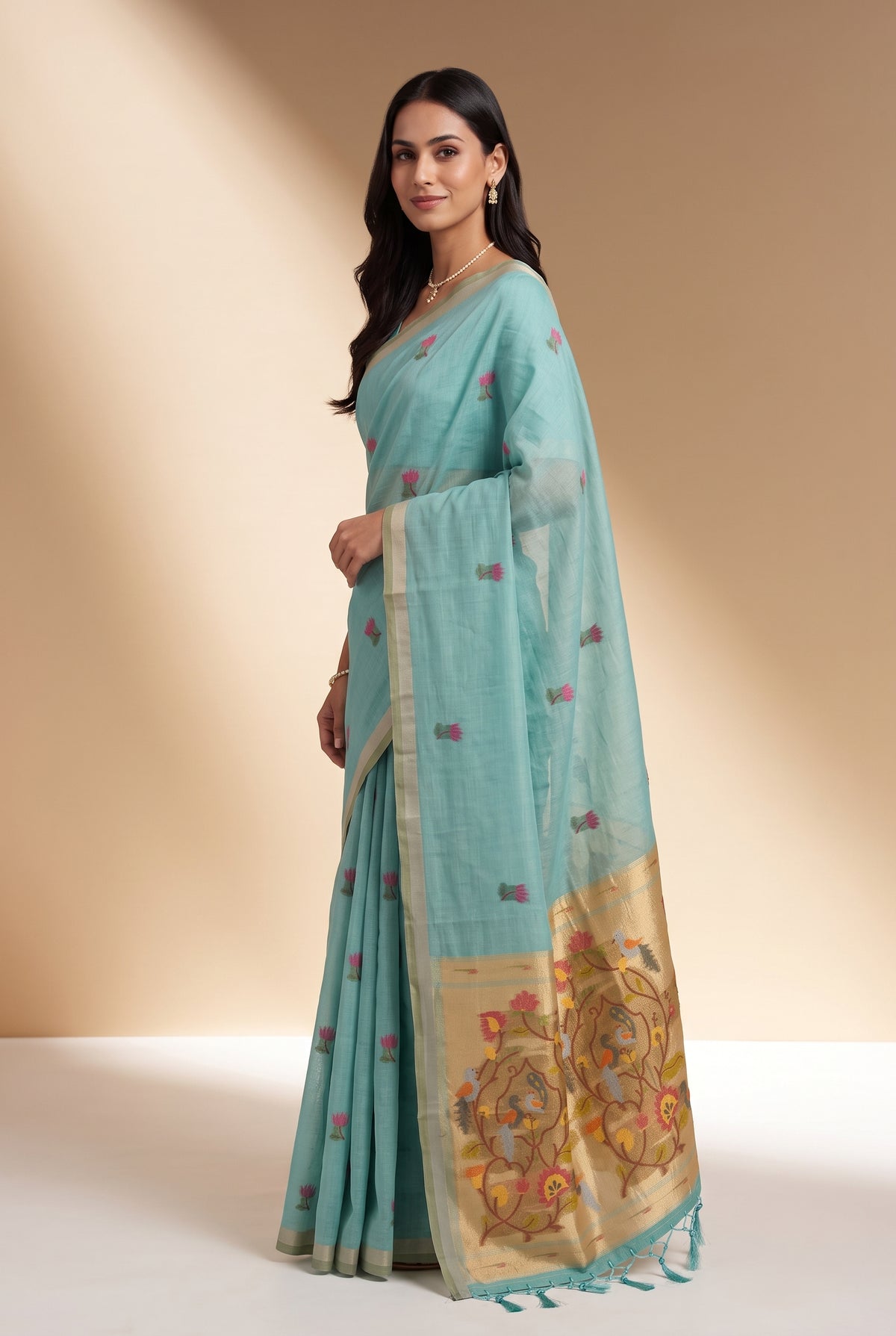 Sea Green Jamdhani Cotton Paithani Saree with Resham Lotus butti and Nīlapakṣīpallu Pallu