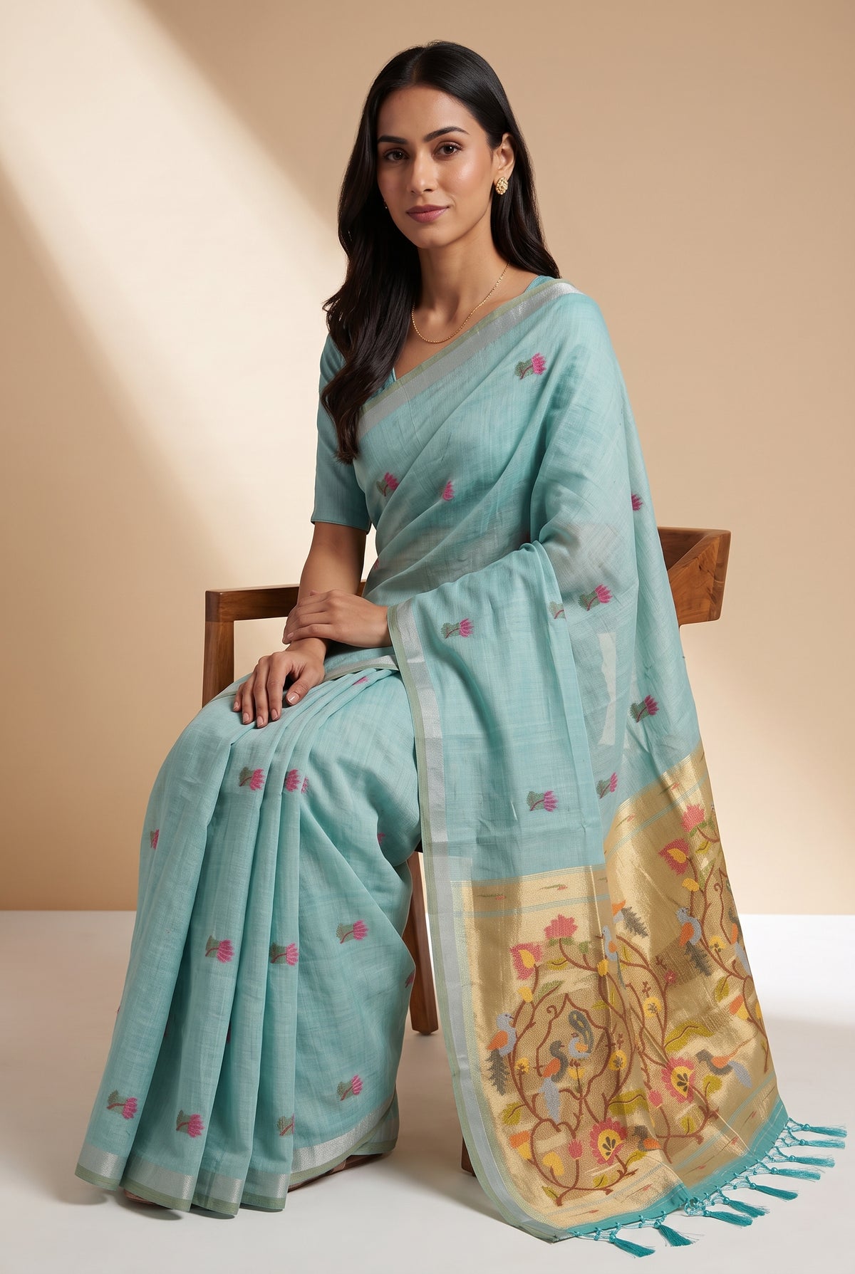 Sea Green Jamdhani Cotton Paithani Saree with Resham Lotus butti and Nīlapakṣīpallu Pallu