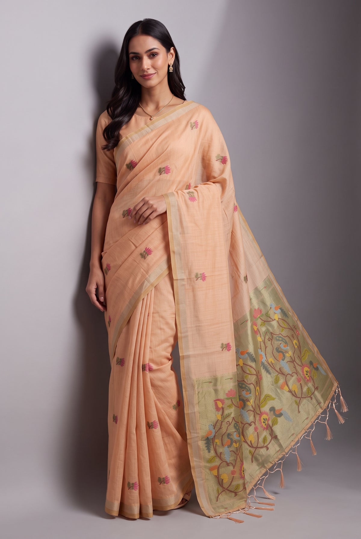 Peach Jamdhani Cotton Paithani Saree with Resham Lotus butti and Nīlapakṣīpallu Pallu