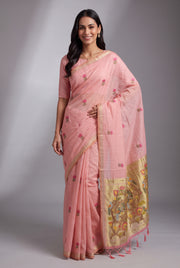 Carnation Pink Jamdhani Cotton Paithani Saree with Resham Lotus butti and Nīlapakṣīpallu Pallu