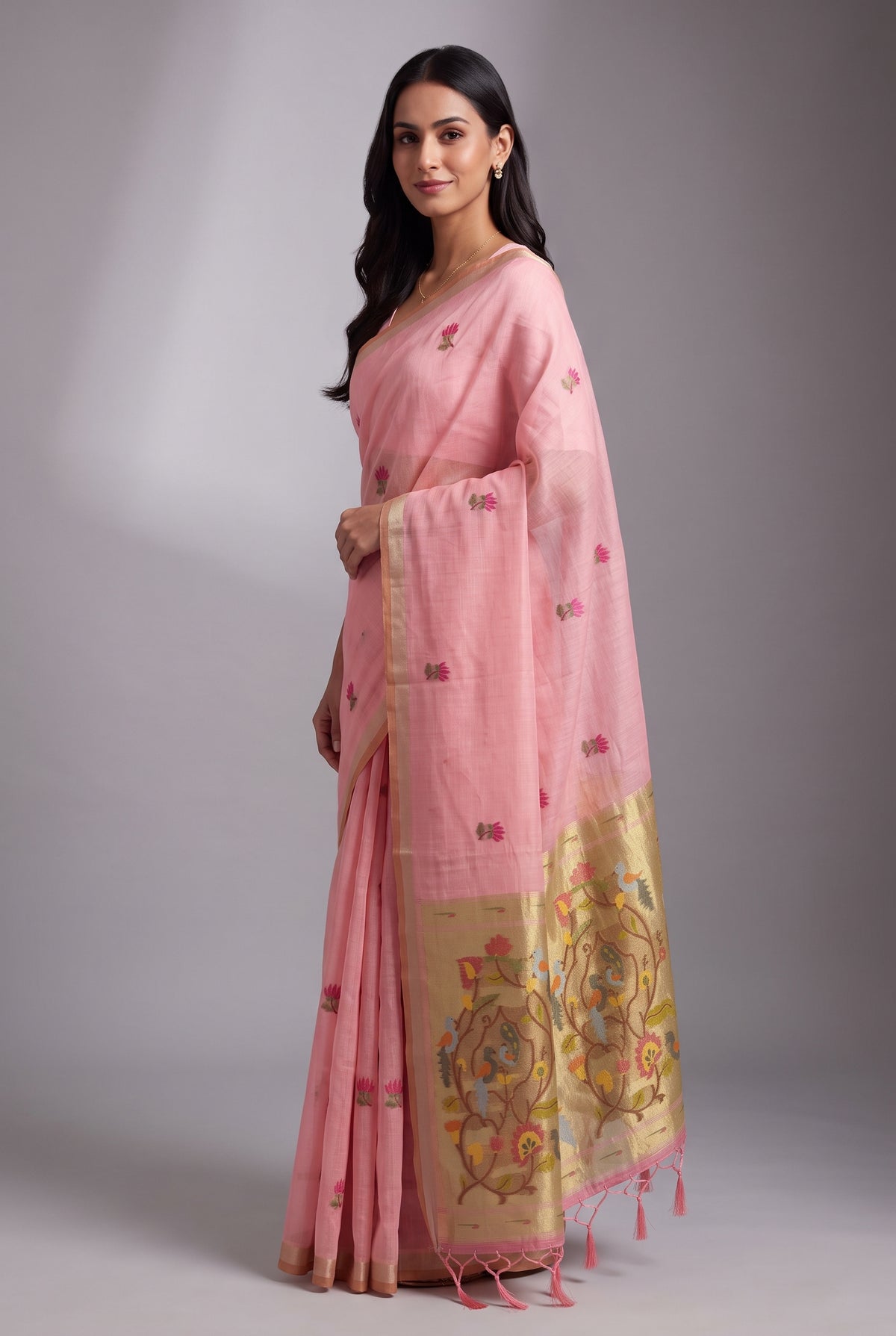 Carnation Pink Jamdhani Cotton Paithani Saree with Resham Lotus butti and Nīlapakṣīpallu Pallu