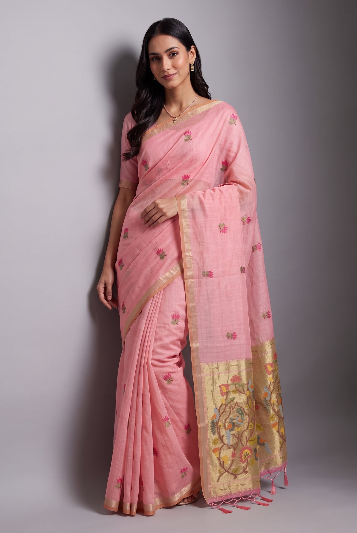 Carnation Pink Jamdhani Cotton Paithani Saree with Resham Lotus butti and Nīlapakṣīpallu Pallu