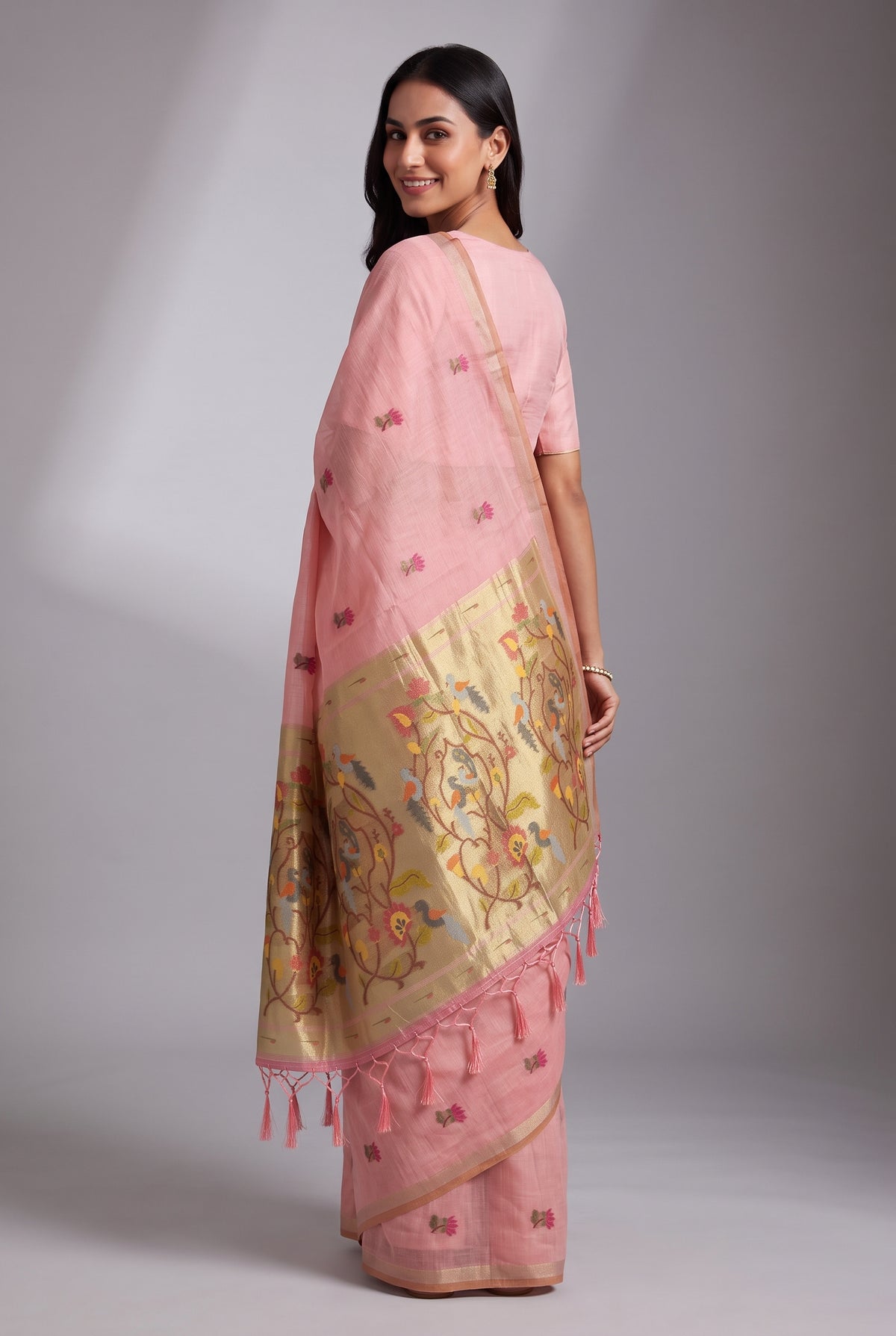 Carnation Pink Jamdhani Cotton Paithani Saree with Resham Lotus butti and Nīlapakṣīpallu Pallu