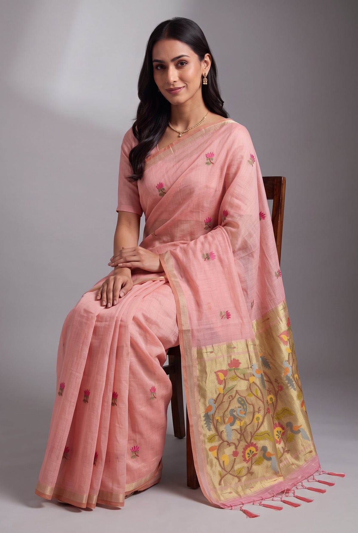 Carnation Pink Jamdhani Cotton Paithani Saree with Resham Lotus butti and Nīlapakṣīpallu Pallu
