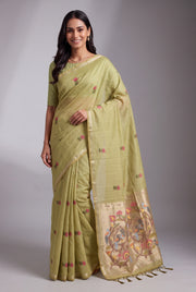 Moss Green Jamdhani Cotton Paithani Saree with Resham Lotus butti and Nīlapakṣīpallu Pallu