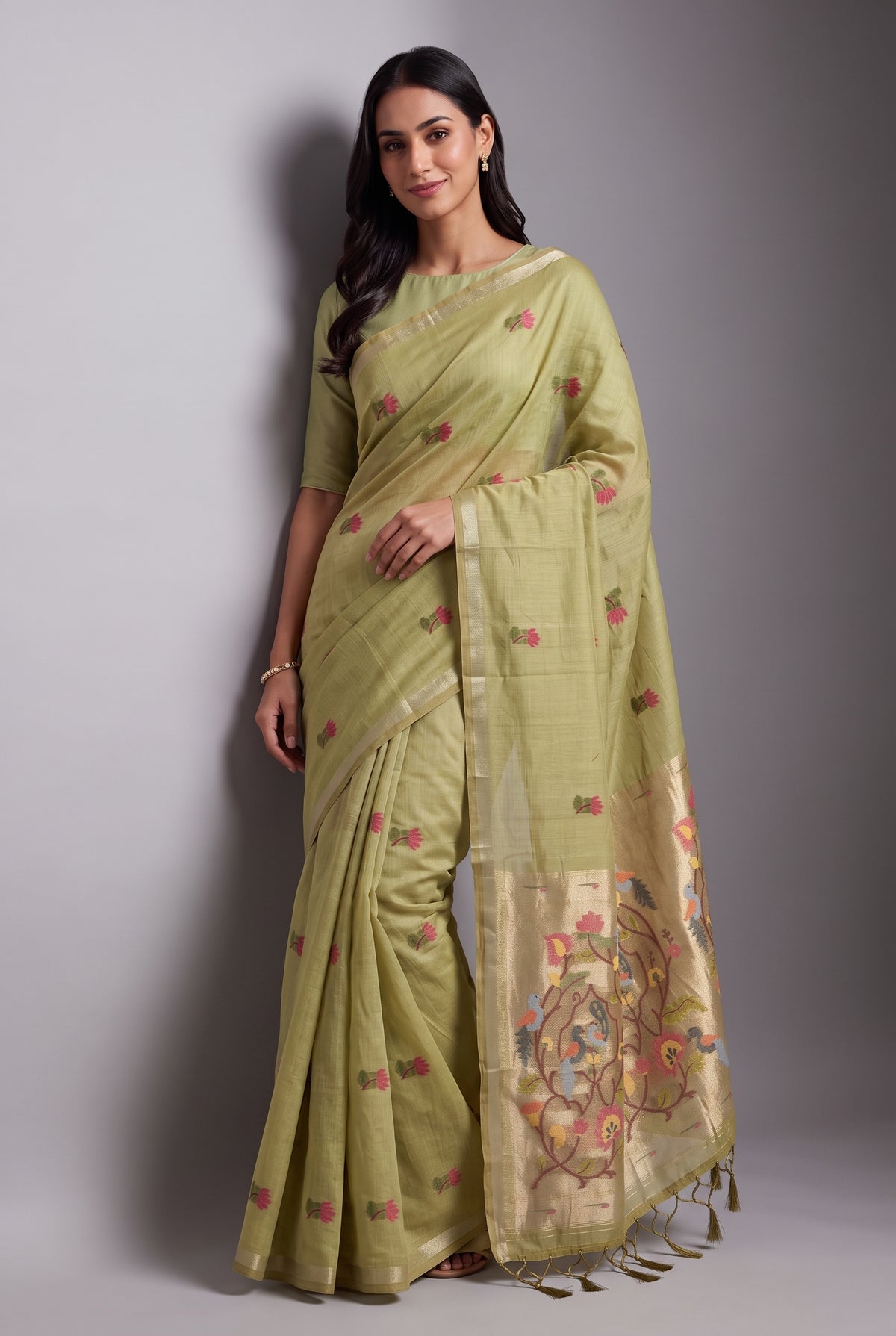 Moss Green Jamdhani Cotton Paithani Saree with Resham Lotus butti and Nīlapakṣīpallu Pallu