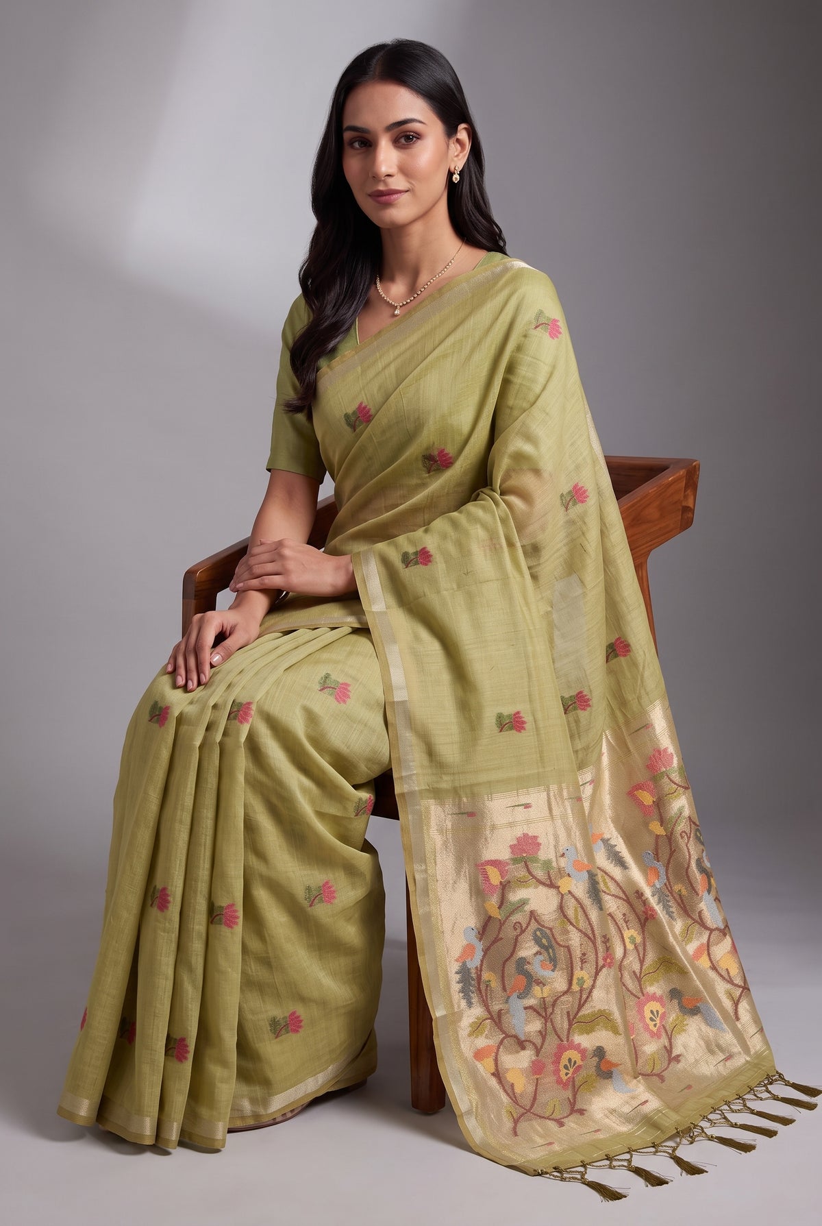 Moss Green Jamdhani Cotton Paithani Saree with Resham Lotus butti and Nīlapakṣīpallu Pallu