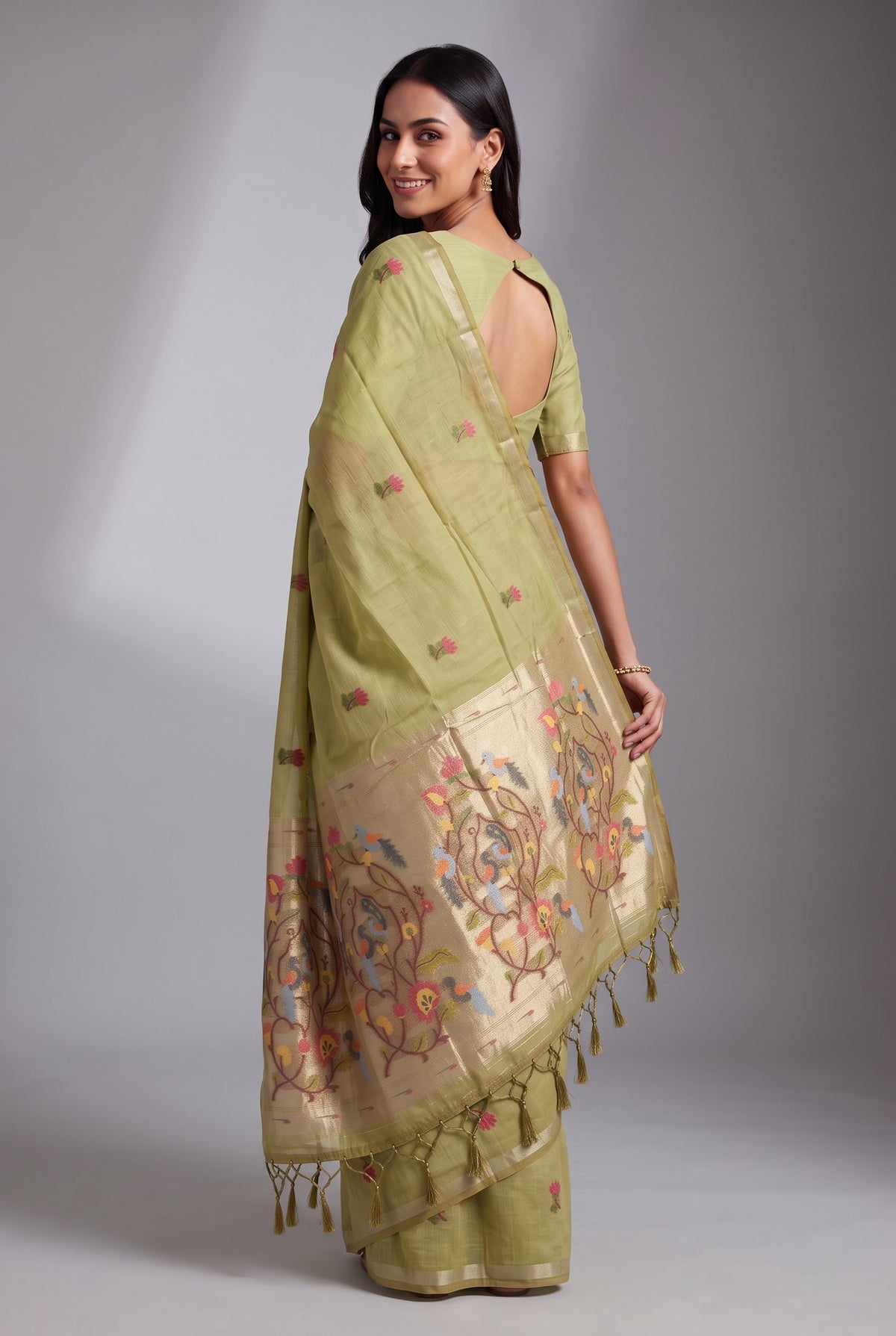 Moss Green Jamdhani Cotton Paithani Saree with Resham Lotus butti and Nīlapakṣīpallu Pallu